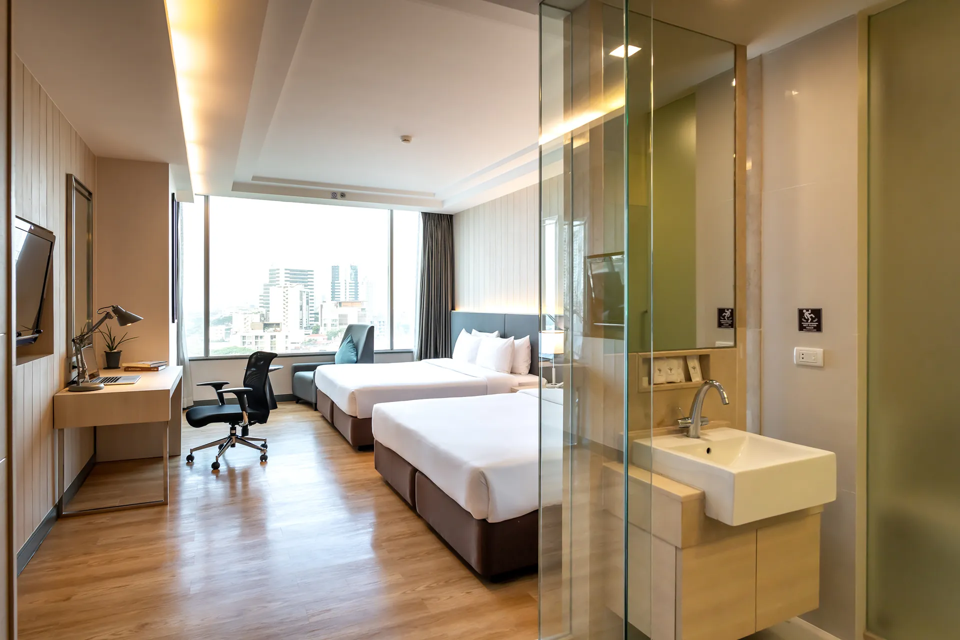 Hotel room with 2 double beds kitchen bangkok.