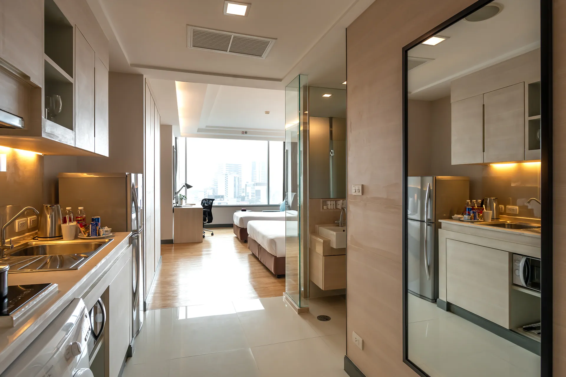 Kitchen triple hotel room phra khanong station skytrain bangkok.