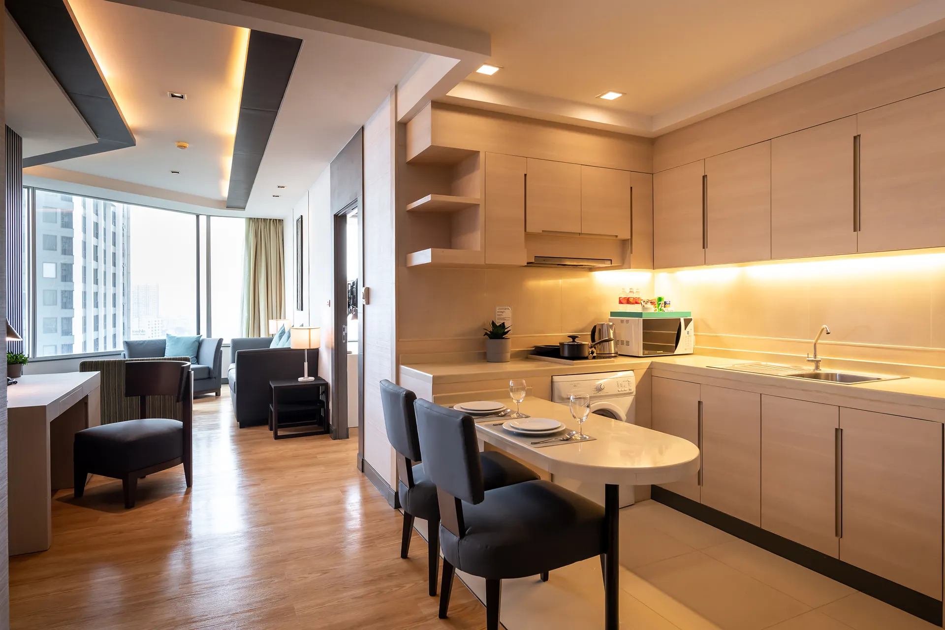Kitchen with 2 bedroom serviced apartment Sukhumvit.